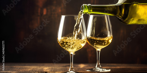 Dispensing sparkling white wine into two glasses  Pouring golden white wine into two elegant glasses Wine pouring into two crystal wineglasses AI Generated
