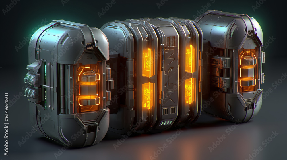 Long and Large Futuristic Power System very detailed in Three parts with Orange Glow and Scifi style - AI Generated