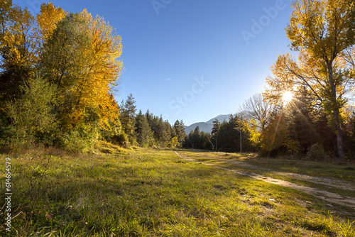 Bansko ski road  Bulgaria autumn landscape with colorful trees and Pirin mountains