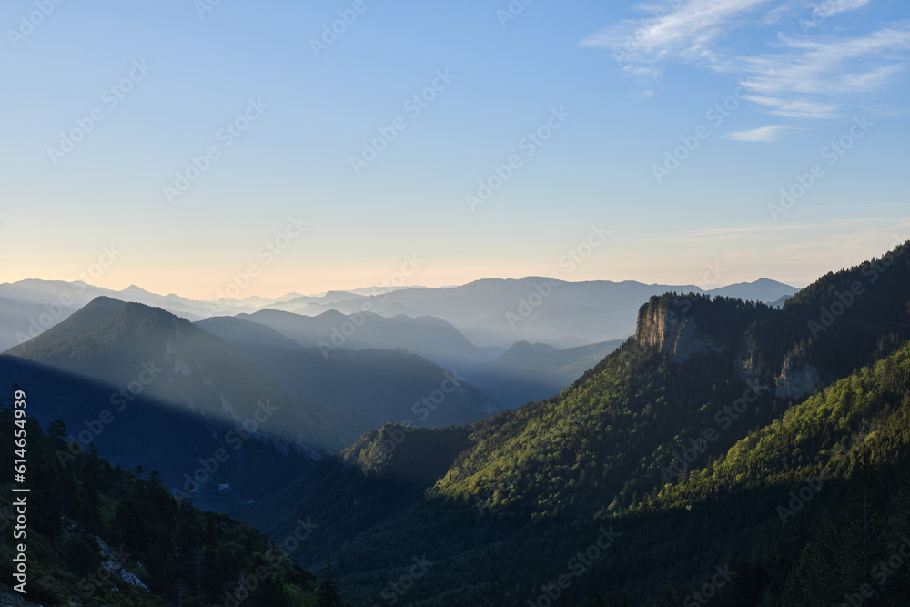 sunrise between mountains in the natural park of Cadí-Moixeró pre-Pyrenees, Catalonia, Spain