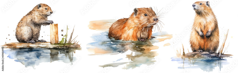 Collection of three watercolour illustrations of a beaver isolated on white background as transparent PNG, generative AI animal clipart bundle - obrazy, fototapety, plakaty 