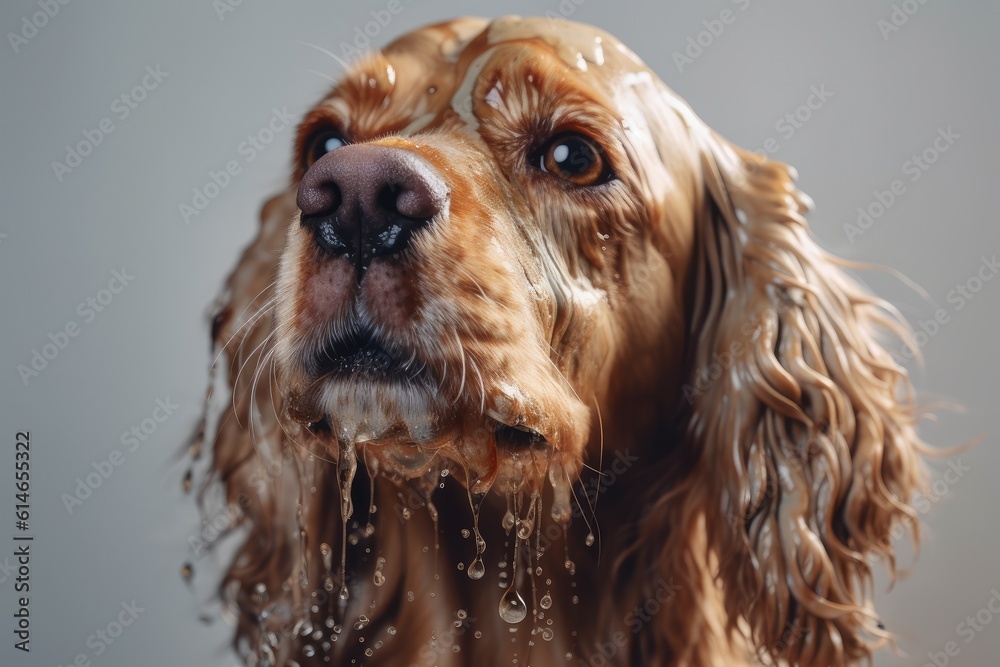Beautiful dog in small pool with water. Generative AI
