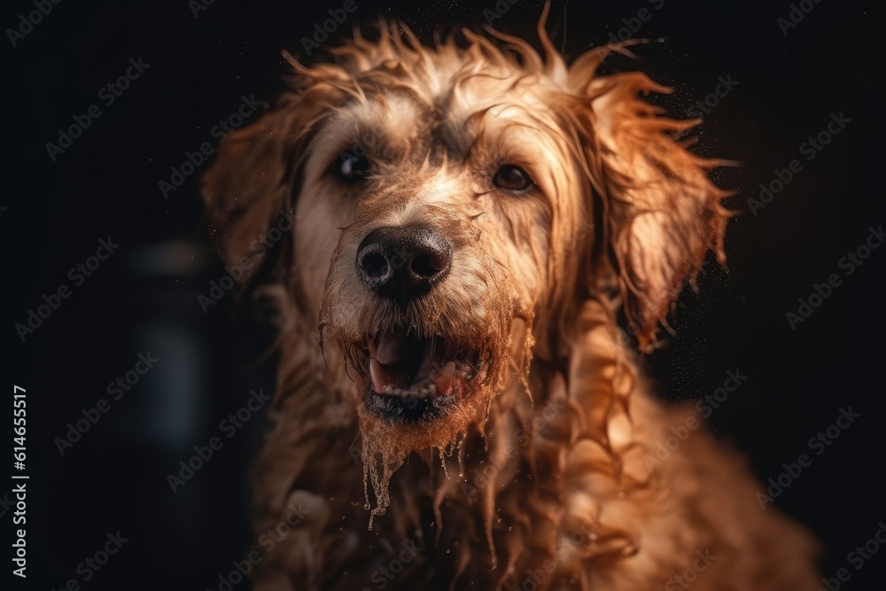 Fototapeta premium Beautiful dog in small pool with water. Generative AI