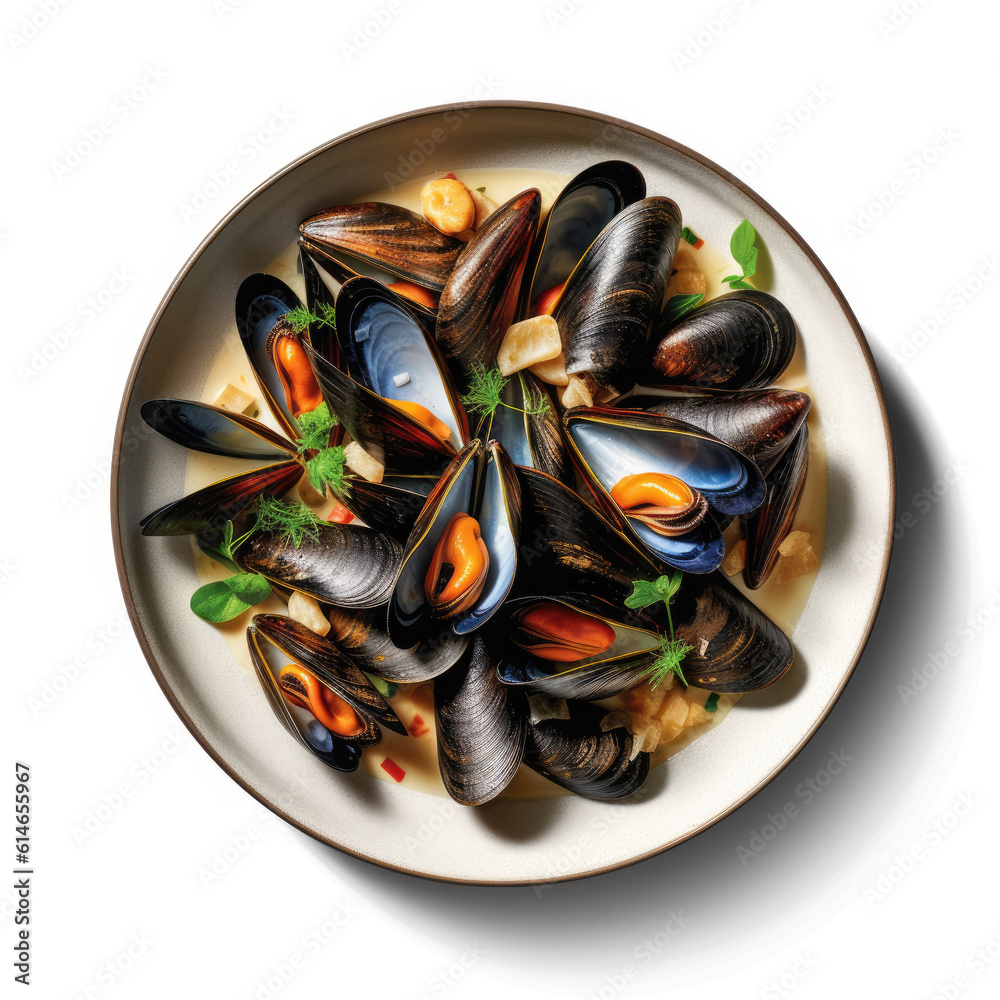 Black plate with steamed mussels dish Black plate with steamed mussels dish