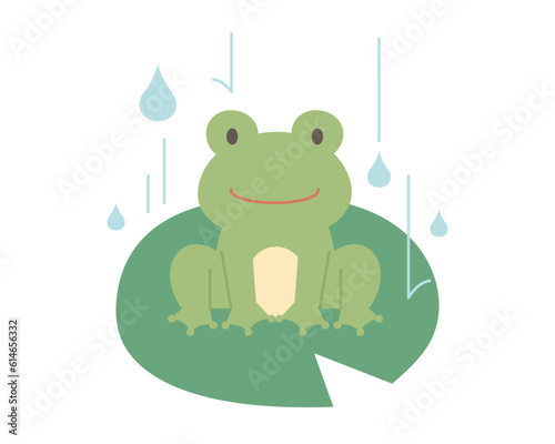 Rain day. A cute frog on a lotus leaf. Simple illustration in flat design style.