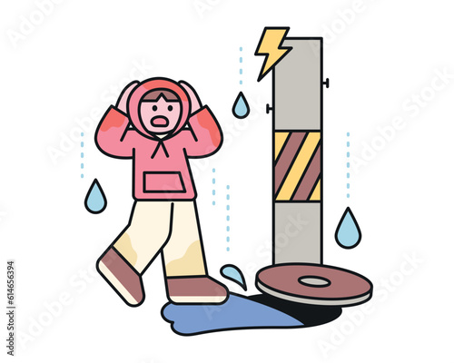 Dangerous street on a rainy day. Electric shock and manhole accident. A cute and simple illustration with a thick outline.