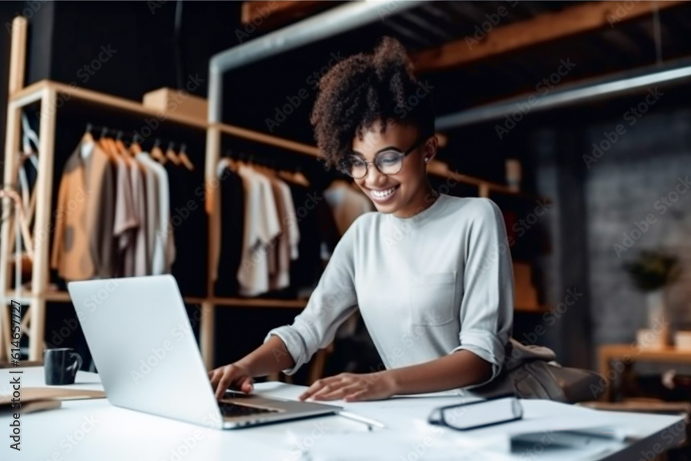 Beautiful young african woman working on a computer and smiling while standing in a workshop. Reply by email. Online clothing store. Generative AI Beautiful young african woman working on a computer and smiling while standing in a workshop. Reply by email. Online clothing store. Generative AI