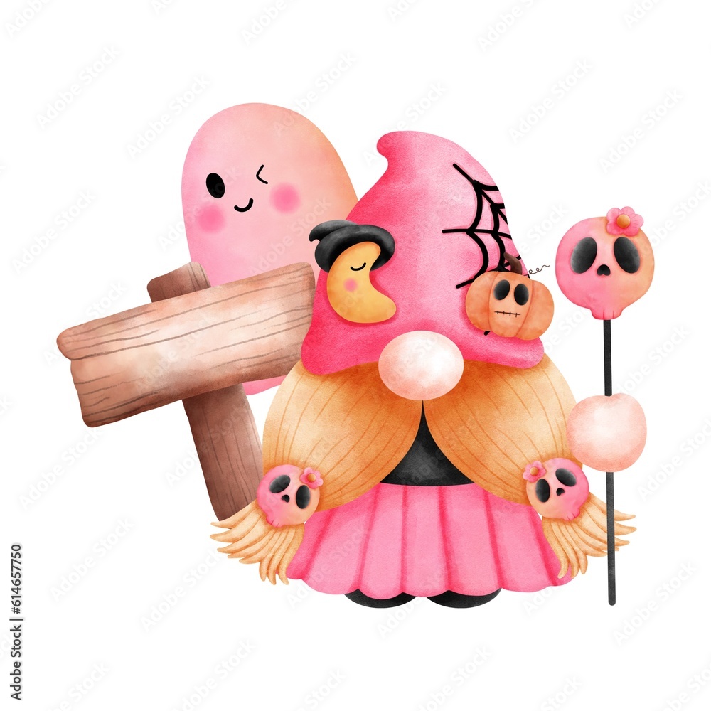 Fototapeta premium Halloween gnome illustration.Halloween cute gnomes with skull walking stick,pumpkin,crescent moon,ghost and wooden sign isolated on white background.