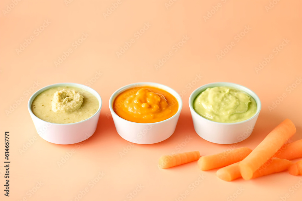 Bowls with healthy baby food on a colored background. Carrot. Generative AI Bowls with healthy baby food on a colored background. Carrot. Generative AI