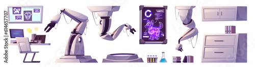 Laboratory robot and furniture cartoon vector set. Science research in lan with medical and chemistry technology for dog transformer experiment. Nanotechnology machine in factory for modification.