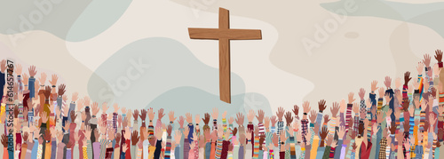 Group many Christians people with raised hands praying or singing.Christianity in the world.Christian worship.Concept of faith and hope in Jesus Christ.Background with wooden crucifix