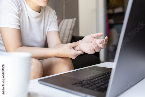 Middle aged woman suffer Arthritis,Rheumatoid disease,inflammation and stiffness of joints,adult female having painful in fingers and wrist,chronic pain,physical illness,health care,medical concept