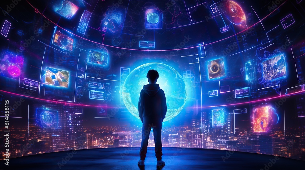 Enlightened individual standing in captivating multimedia concert immersed in cool clothing and vibrant lights Enlightened individual standing in captivating multimedia concert immersed in cool clothing and vibrant lights