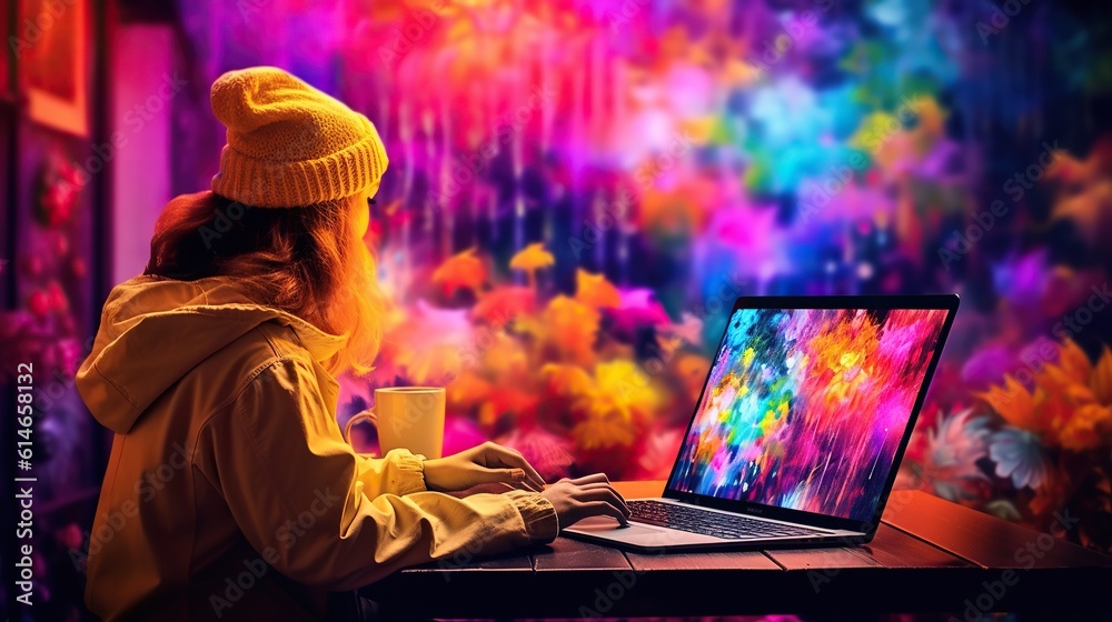 Fototapeta premium Modern woman working, focused on tablet device at cozy indoor desk: laptop, computer, person, clothing, sitting, typing
