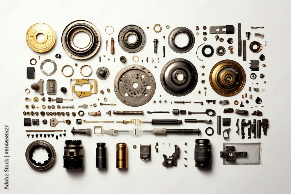 Obraz premium Disassembled car parts on white background Generative AI