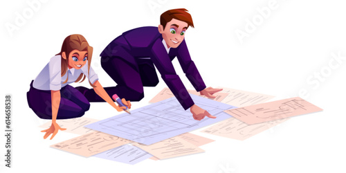 Woman architecture and man client with project plan isolated illustration. People work on building house together. Businesswoman character create and communicate about order approval process concept