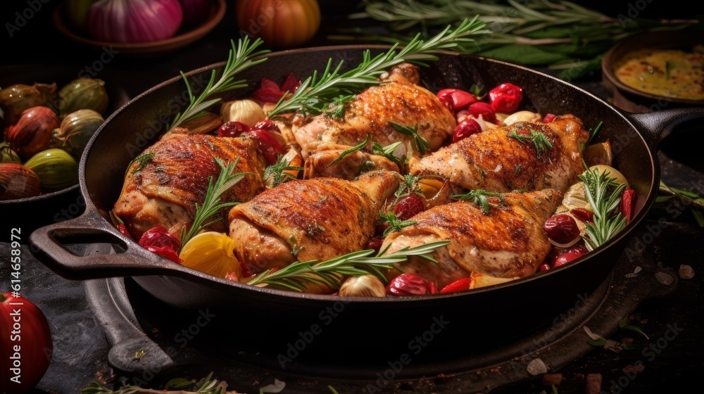 Pollo alla Cacciatora in a cast iron skillet, surrounded by fresh ingredients such as pepper, rosemary, and onions Pollo alla Cacciatora in a cast iron skillet, surrounded by fresh ingredients such as pepper, rosemary, and onions