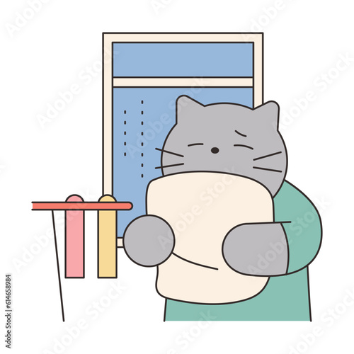 Rainy Day. The cat is sniffing when it rains and the laundry is not dry. Simple illustration with outlines.