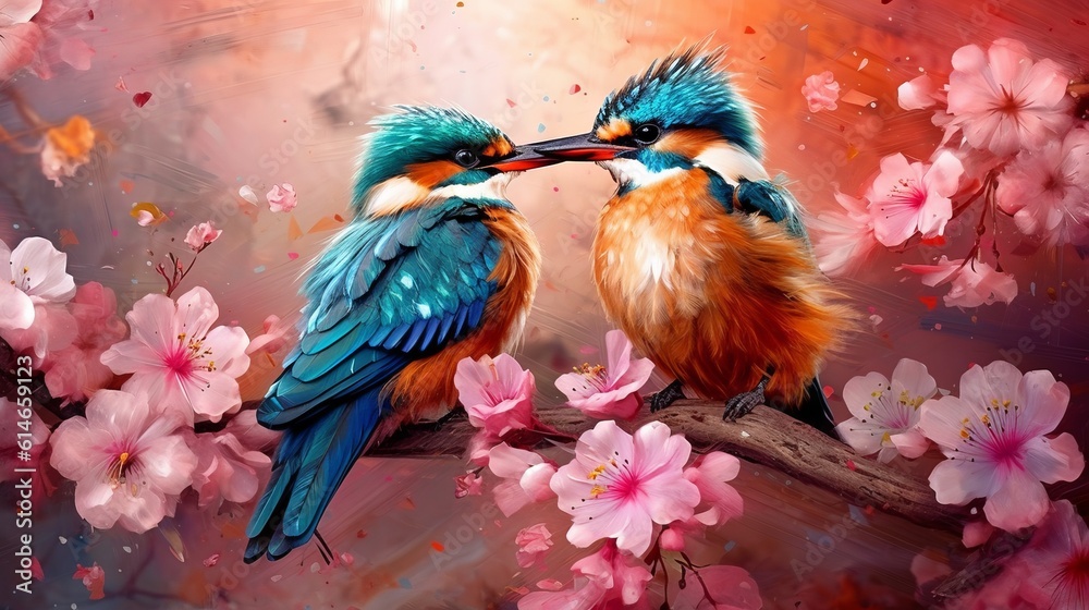 Obraz premium Two kingfishers sitting on a branch with pink sakura flowers. Generative AI