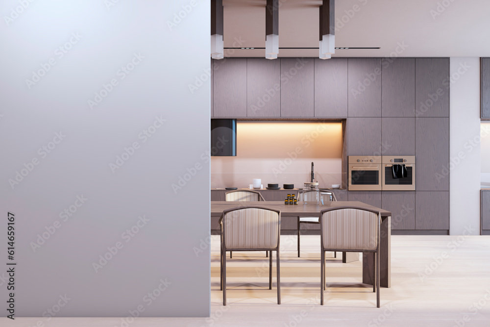 Fototapeta premium Front view of blank light wall with place for image frame or poster in a modern kitchen interior with wooden dining table with chairs, mockup. 3D Rendering