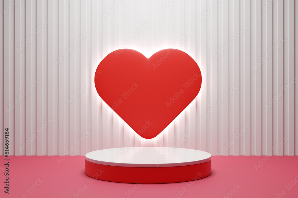 Red podium with pastel hearts. White. Abstract geometric circles for trade show. Cute baby, fashion, cosmetics, beauty products. happy valentines Day wedding 3d illustration