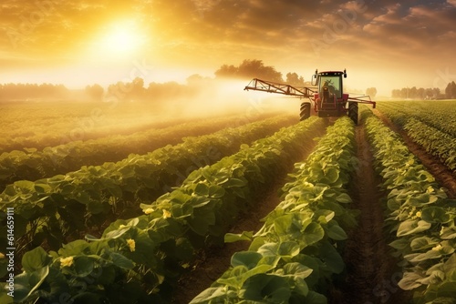 Tractor spraying pesticides on a field of sunflowers at sunrise, Generative AI