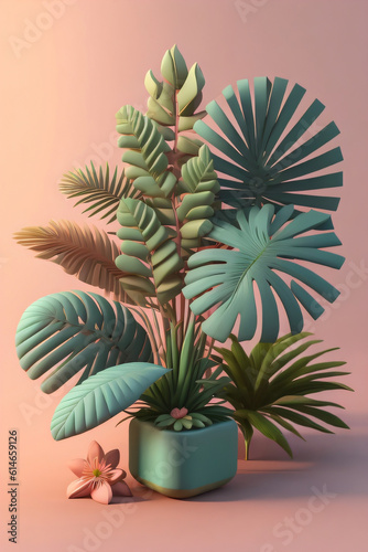 3D Tropical Plant and Flower Background in colorful pastle, Photo generative Ai