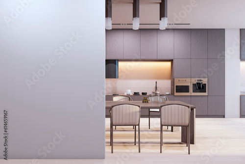 Front view of blank light wall with place for image frame or poster in a modern kitchen interior with wooden dining table with chairs, mockup. 3D Rendering