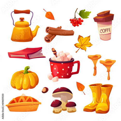 Autumn Set with Teapot, Pumpkin, Cinnamon, Cute Wellies Boots, Coffee Cup, Mushrooms, Pumpkin Pie, Virginity, Hot Chocolate, Book and  Leaves. Cute Vector Illustration in Cartoon Style.