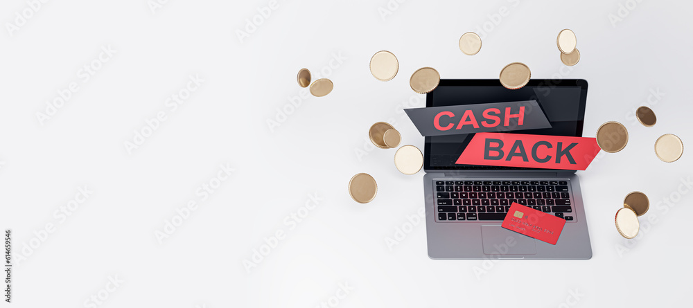 Online banking, payment and financial concept with top view on cash back sign on laptop with golden coins and credit card background for your advertising poster or logo brand. 3D rendering, mockup