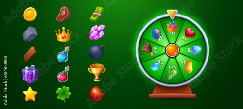 Fortune game spin wheel and set of prize icons isolated on green. Vector illustration of casino roulette decorated with lightning, heart, magic potion and diamond, gift box, golden coins, trophy cup