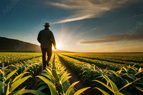 farmer walk in corn field  and sunrise