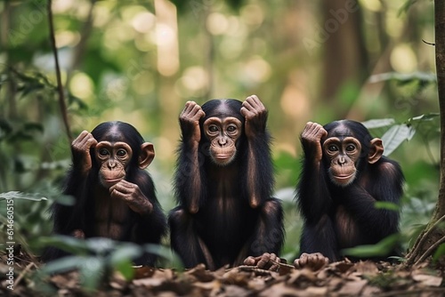Three Chimpanzees Sitting in the Forest