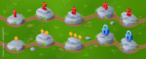 Game level indicator to select on map ui interface cartoon design. Isometric green lawn with stone boulder mark, number and star. Nature pointer and lock place. 2d progress selection template