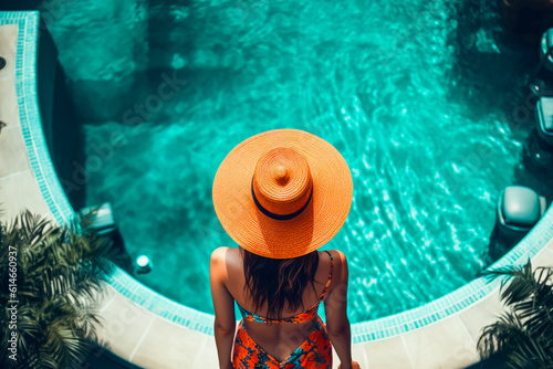back view of woman in hat enjoying with her summer vacation at swimming pool. generative AI