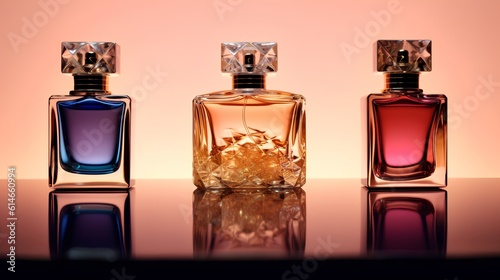 A captivating image showcasing a bottles of perfume. Beautifully represents the allure, luxury, and sophistication associated with fragrances. Generative AI