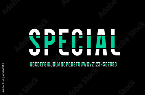 Condensed font, high alphabet, modern letters and numbers, vector illustration 10EPS