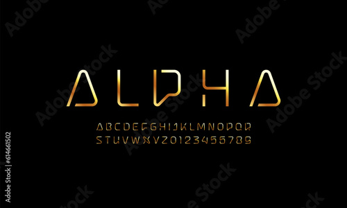 Technical font, digital golden alphabet, trendy uppercase Latin letters from A to Z and Arab numbers from 0 to 9, vector illustration 10EPS