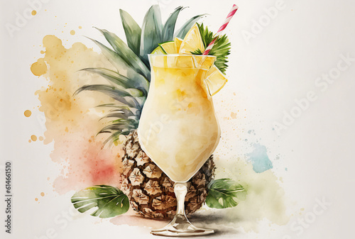 Pina colada summer drink, pineapple drink, watercolor cocktail. Generative AI