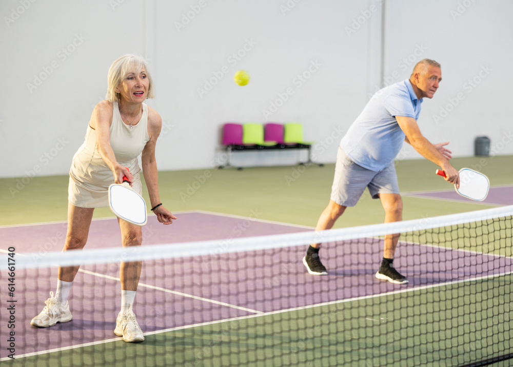 Obraz premium Athletic seniors playing pickleball on the court indoors