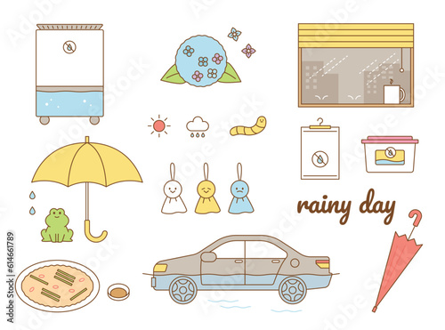 A collection of Asian objects on a rainy day.