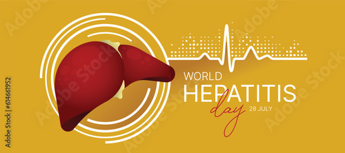 World Hepatitis Day - Liver on white circle rign sign with line heart rhythm wave and dot texture on yellow background vector design