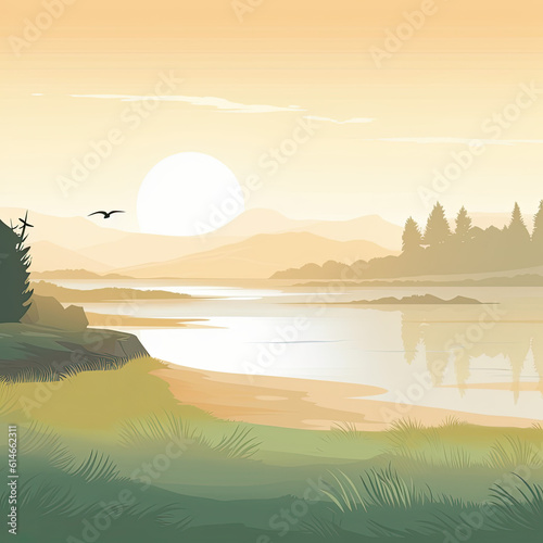 Serenity at Work: Desktop Background Illustration with Calming Scenery