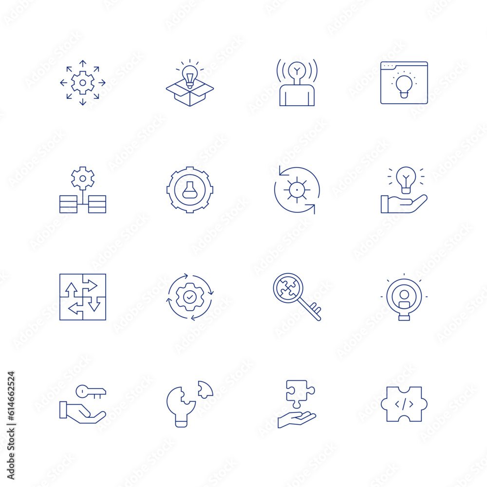 Solution line icon set on transparent background with editable stroke. Containing approach, box, brand awareness, browser, data integration, development, gear, hand, integrated, integration, key.