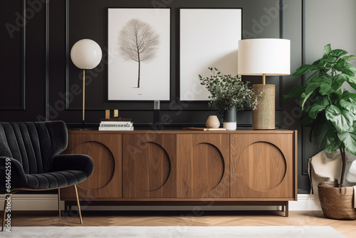 Modern composition of living room interior with wooden sideboard created with generative ai tools