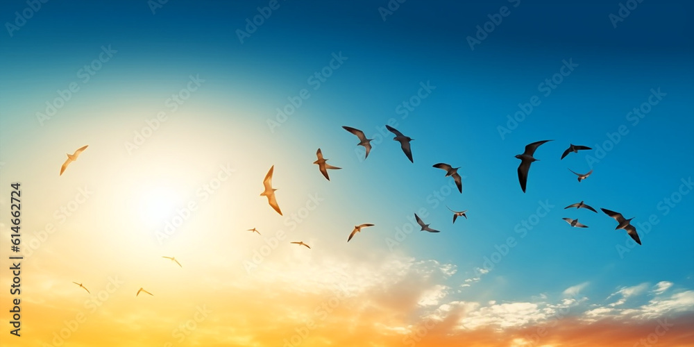  sunrise new day and flying flock of birds 