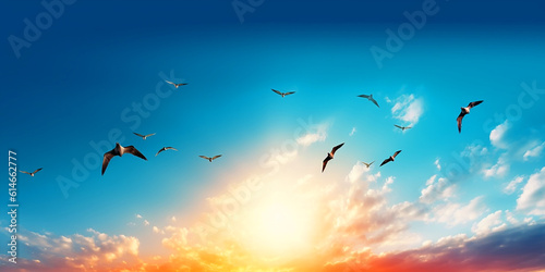  sunrise new day and flying flock of birds © Kanchana