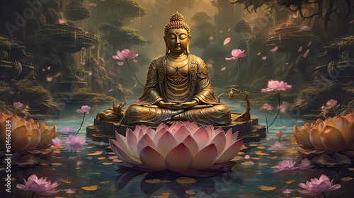 Golden Buddha Statue Surrounded by Lotus Flowers