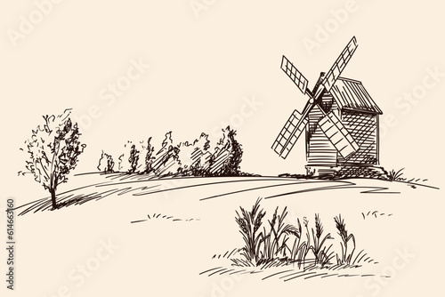 Countryside landscape with wooden mill. Fast pencil hand sketch on a beige background.