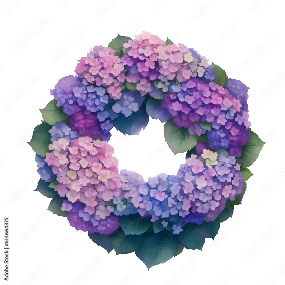 Watercolor floral wreath with hydrangeas in pink, purple, and blue colors.